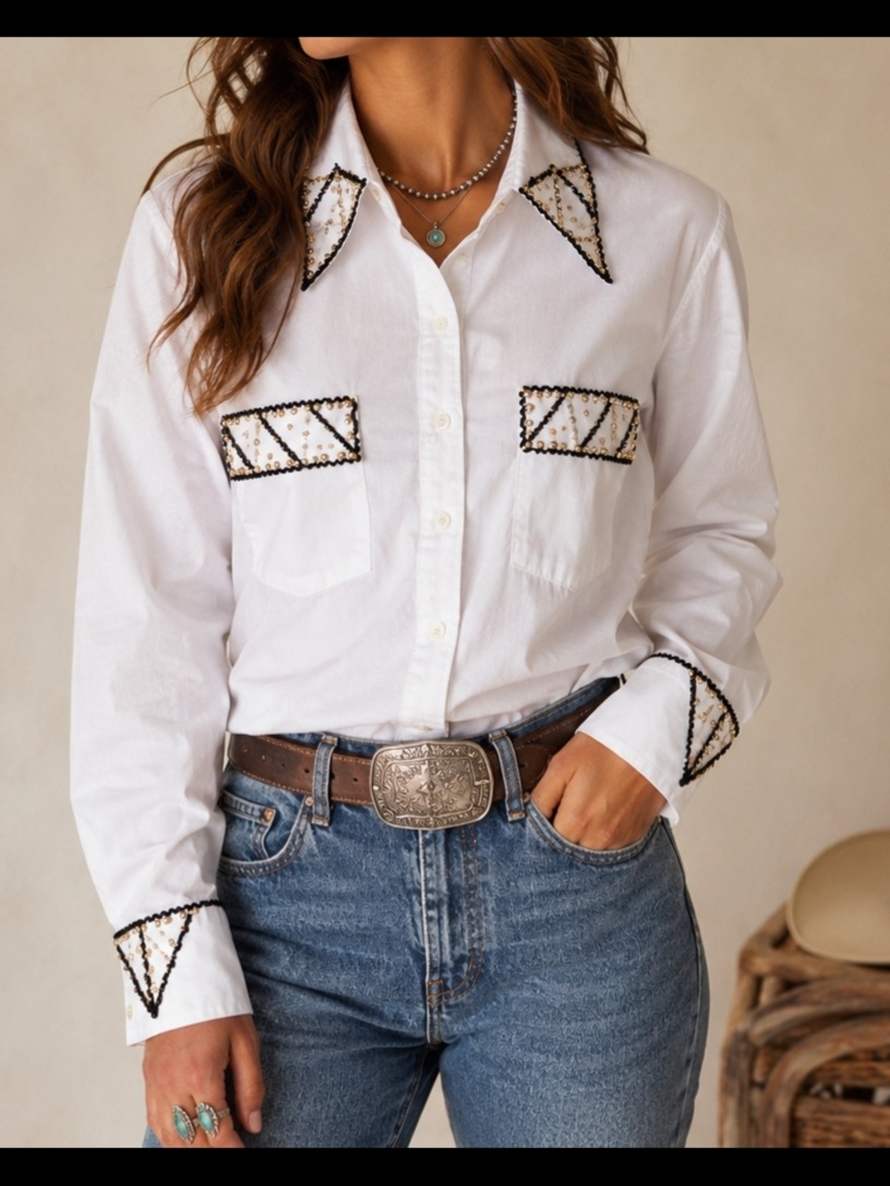 Vintage White Western Button Down Shirt Beaded Studded Embellished Long Sleeve 6